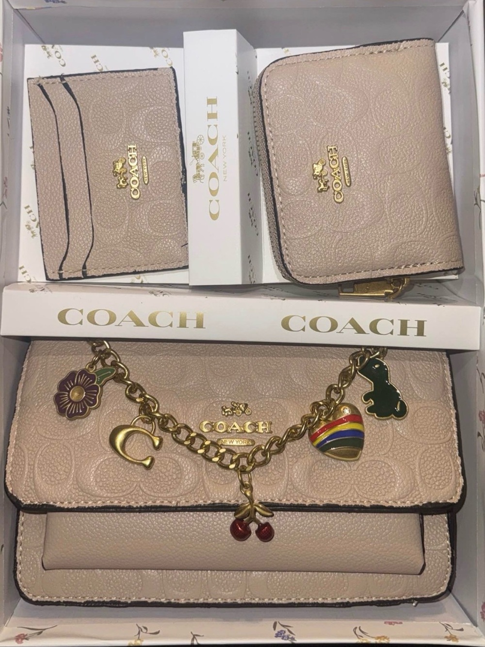 Coach Pebble Leather Wallet Trio in Light Taupe with Gold Charm Chain